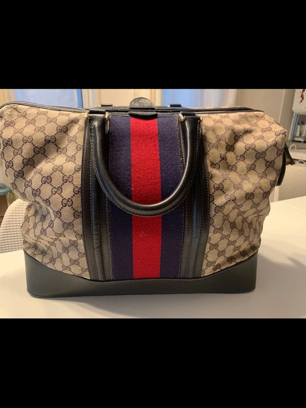 Gucci Beige GG Supreme Canvas Duffel with Red & Blue Web Stripe